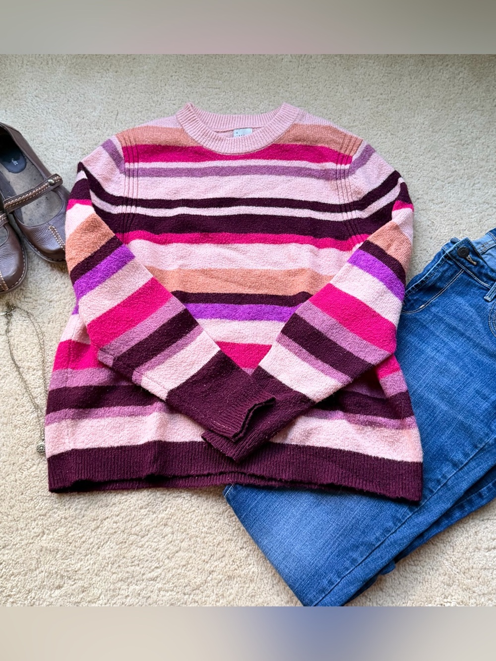 A New Day Women's Pink Striped Boxy Crewneck  Sweater - Size L - VGUC - Stretch
